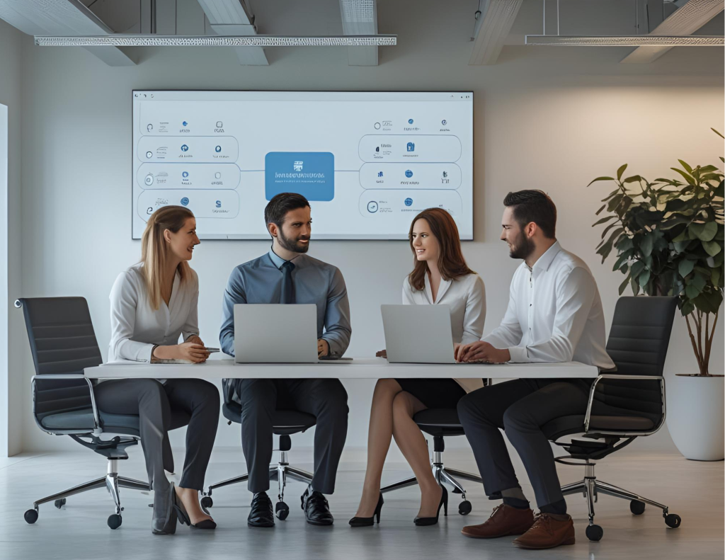 Employees meeting at a conference table and a big screen is behind them. RemoteOver.com offers Co-managed IT Services.