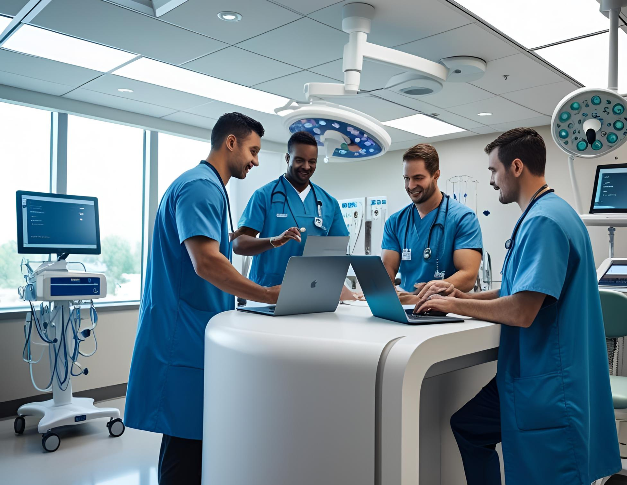 Medical professionals working in a healthcare room. RemoteOver.com offers HIPAA compliant IT Services.