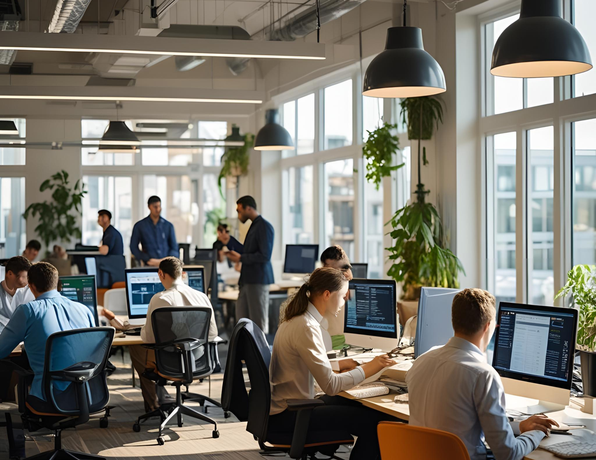 Employees are working on computers in an open room with big windows. RemoteOver.com is ready when they call for managed IT services.