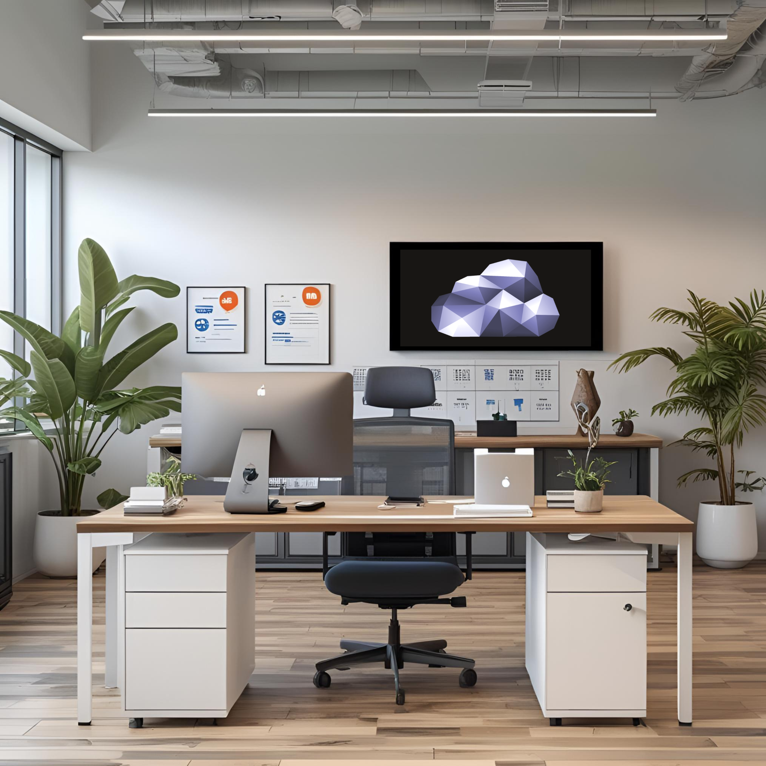Office with a Computer on a desk and a monitor hanging on the wall projecting RemoteOver.com for a basic plan managed services package.