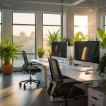 2 computers on a desk with two chairs, plants with big window view.