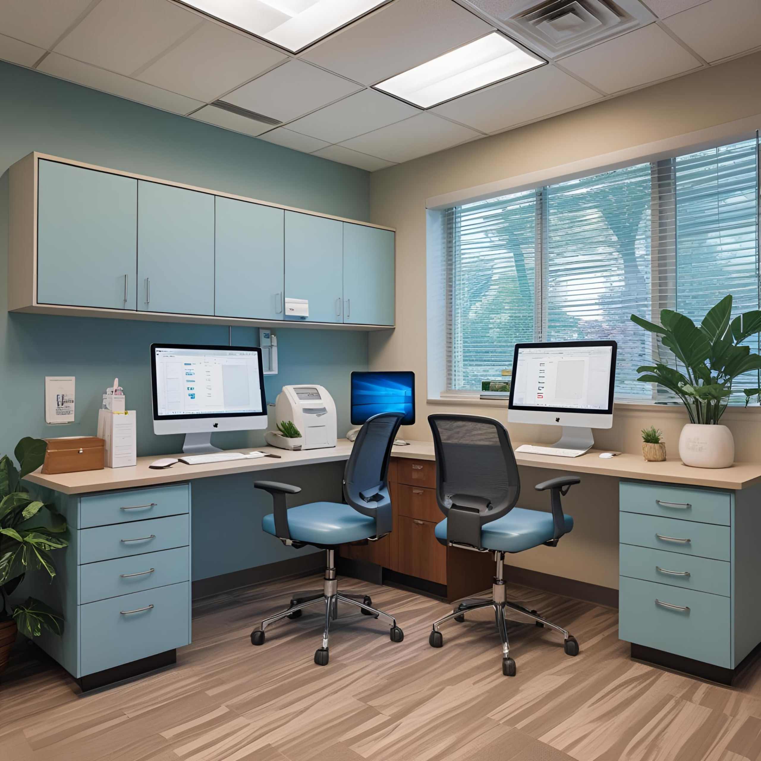 A healthcare office featuring light blue cabinets and drawers. It features two computers and one scanner on a desk, accompanied by two blue office chairs in front.