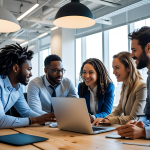 Team of employees surrounding a laptop.