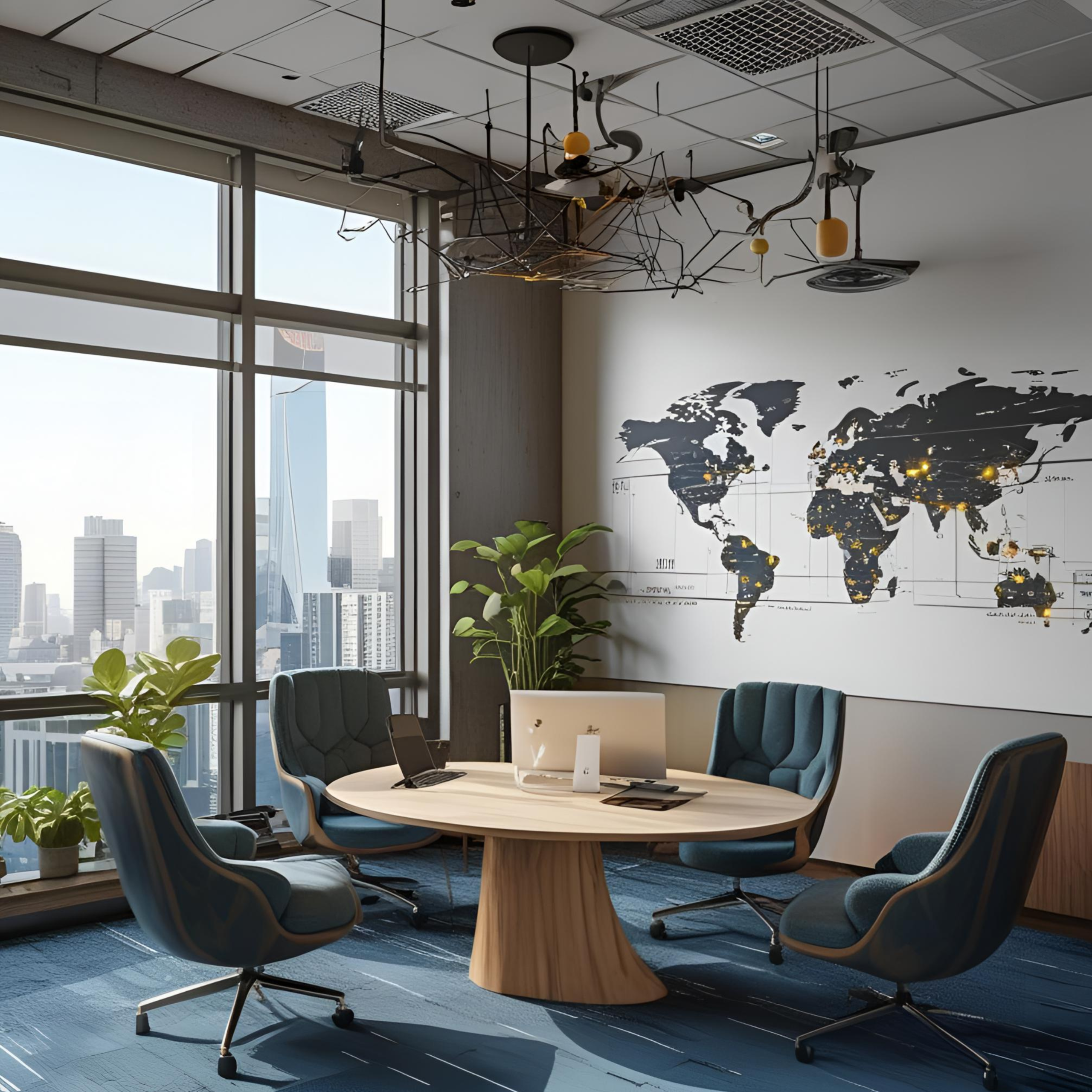 Modern office with a round conference table with laptops on top, where RemoteOver.com can provide Business IT support.  There is a world map on the wall next to the big picture windows overlooking a big city 