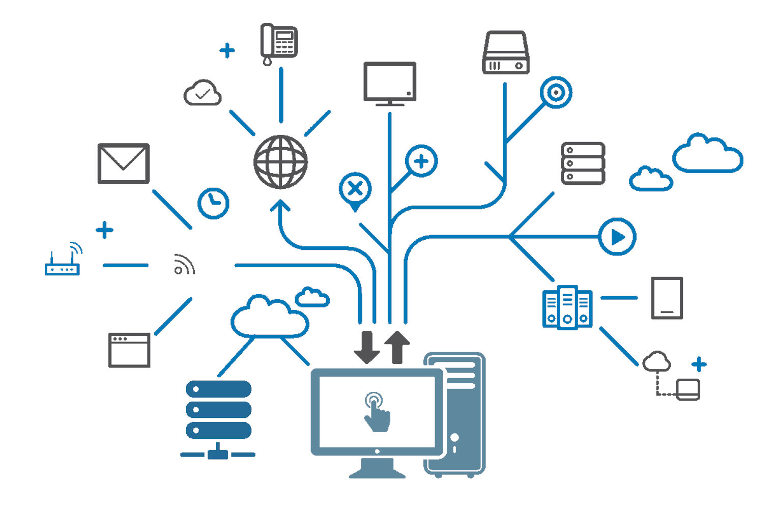 computer image icons connected by lines and arrows.