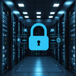 Blue lock in the center of a server room. 